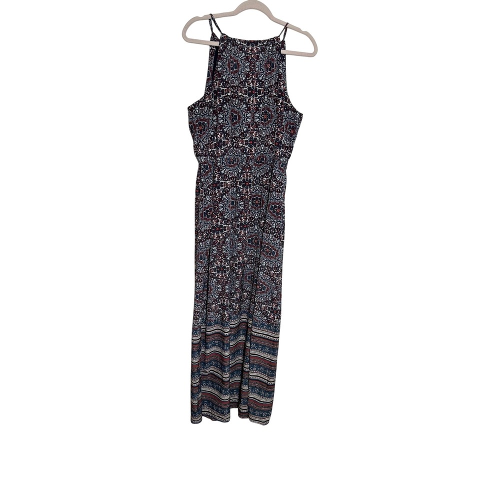 Athleta Halter Maxi Dress Built In Shelf Bra Medallion Print‎ Navy Red Large - Picture 2 of 6